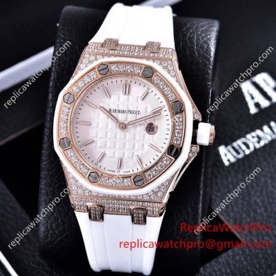 Clone Audemars Piguet Royal Oak Diamond Bezel White Dial Rubber Strap Watch 37mm